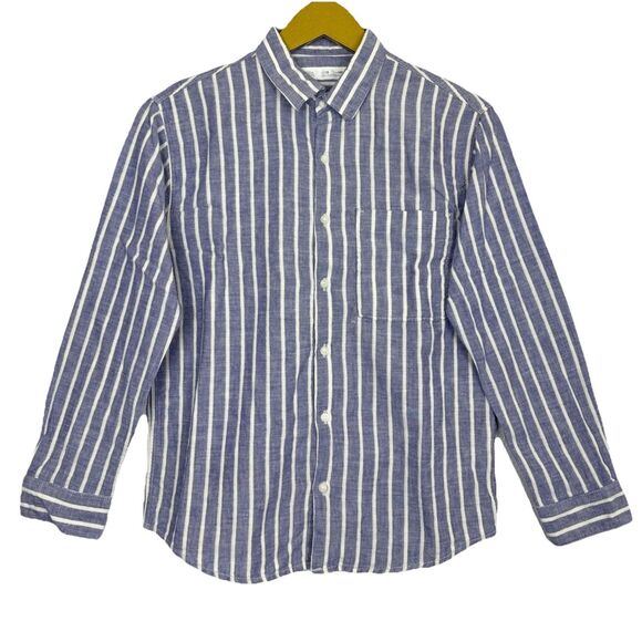 Zara Boys Linen Cotton Striped Button Up Shirt Size 10 Blue White Preppy Coastal - Picture 1 of 8